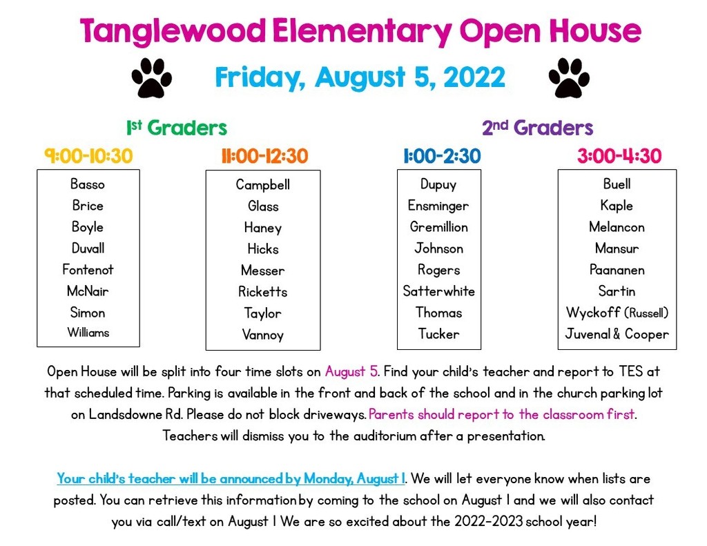 TES Open House Schedule
