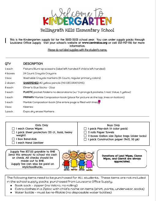 PreK 2022-2023 Supply List | Bellingrath Hills Elementary School